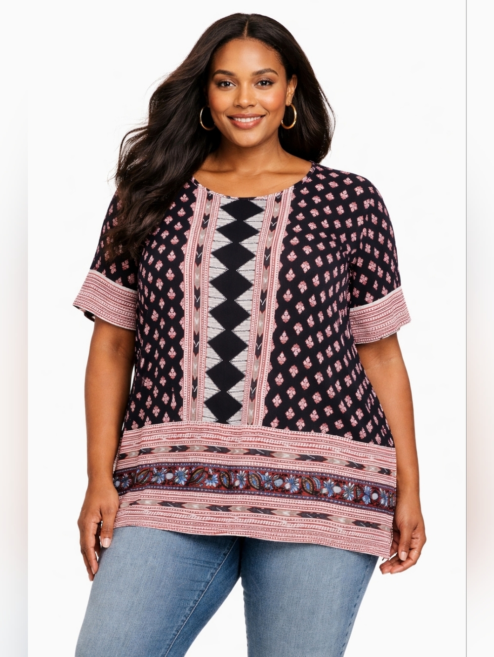 Lucky Brand Plus Size Geometric Print Short Sleeve Top Size 3X